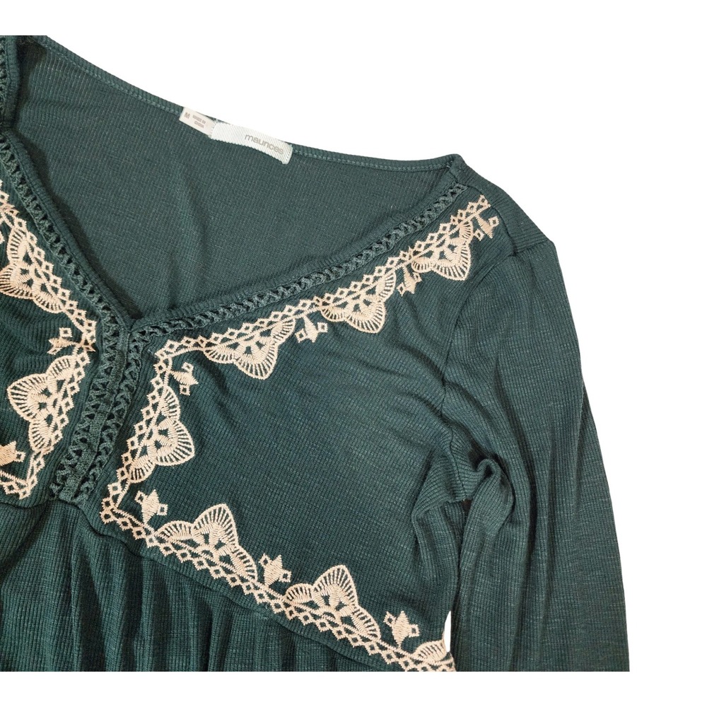 Maurices Womens Forest Green Ribbed Babydoll Top Long Sleeve Crochet Lace M - Picture 8 of 9